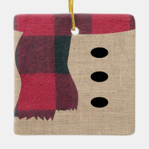 Fun Farmhouse Burlap Snowman Plaid Scarf & Buttons Ceramic Ornament