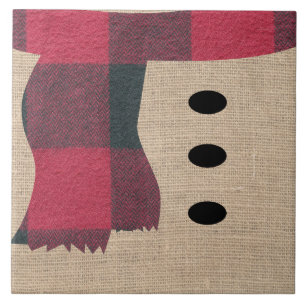 Fun Farmhouse Burlap Snowman Plaid Scarf & Buttons Ceramic Tile