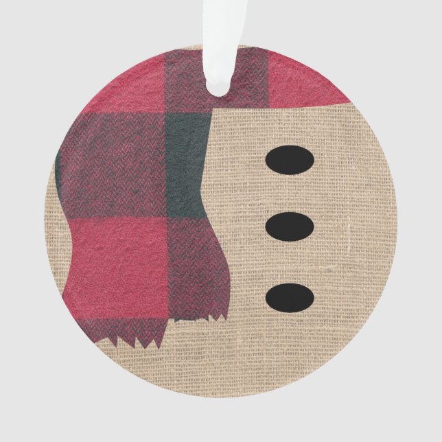 Fun Farmhouse Burlap Snowman Plaid Scarf & Buttons Ornament (Front)