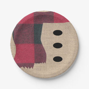 Fun Farmhouse Burlap Snowman Plaid Scarf & Buttons Paper Plate