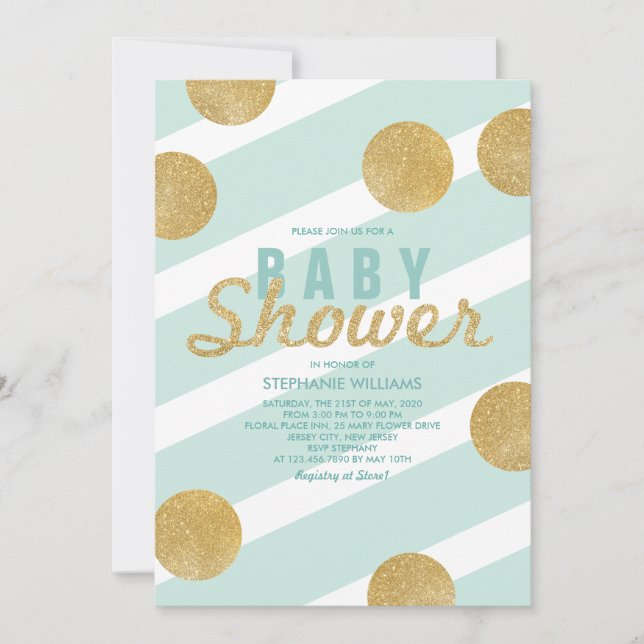 Fun Faux Gold Glitter Mint Baby Shower Invite (Front)