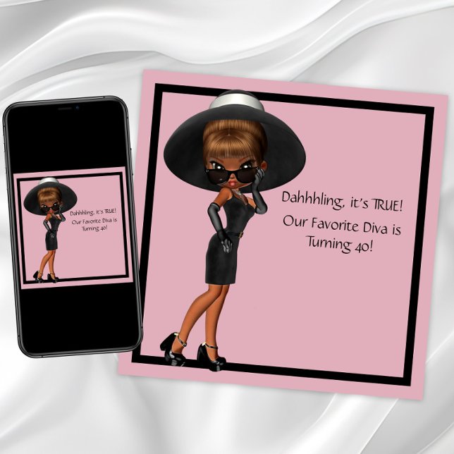Fun Favourite Diva Womans Black 40th Birthday Part Invitation (Cute diva any birthday or event invitation. Instant download and printed invitations available.)
