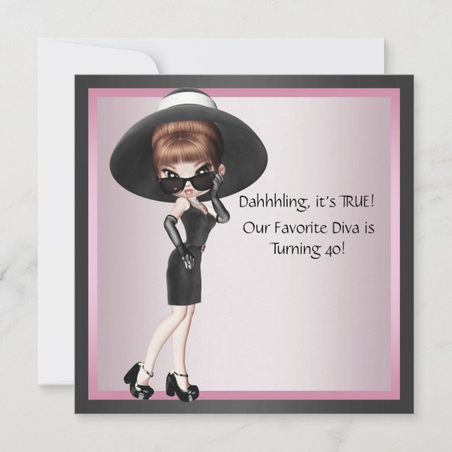 Fun Favourite Diva Womans Pink Black 40th Birthday Invitation (Front)
