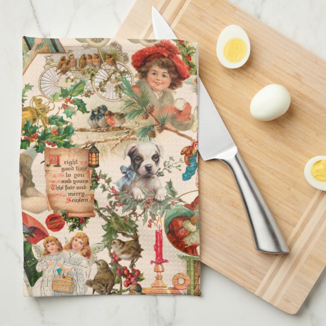 Fun, Festive & Colourful Vintage Christmas Ephemer Tea Towel (Quarter Fold)