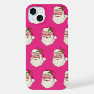 Fun Festive Hot Pink Vintage Santa Pattern iPhone 15 Plus Case