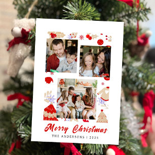 Fun Festive Illustrated Border 3 Photo Christmas Holiday Card