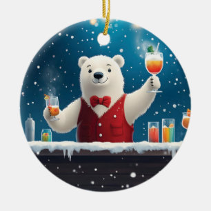 Fun Festive Polar Bear Bartender Illustration Ceramic Ornament
