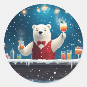 Fun Festive Polar Bear Bartender Illustration Classic Round Sticker
