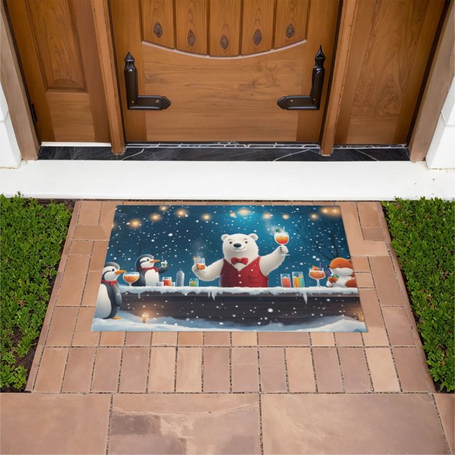 Fun Festive Polar Bear Bartender Illustration Doormat (Outdoor)
