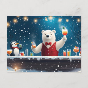 Fun Festive Polar Bear Bartender Illustration Holiday Postcard