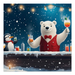 Fun Festive Polar Bear Bartender Illustration Poster