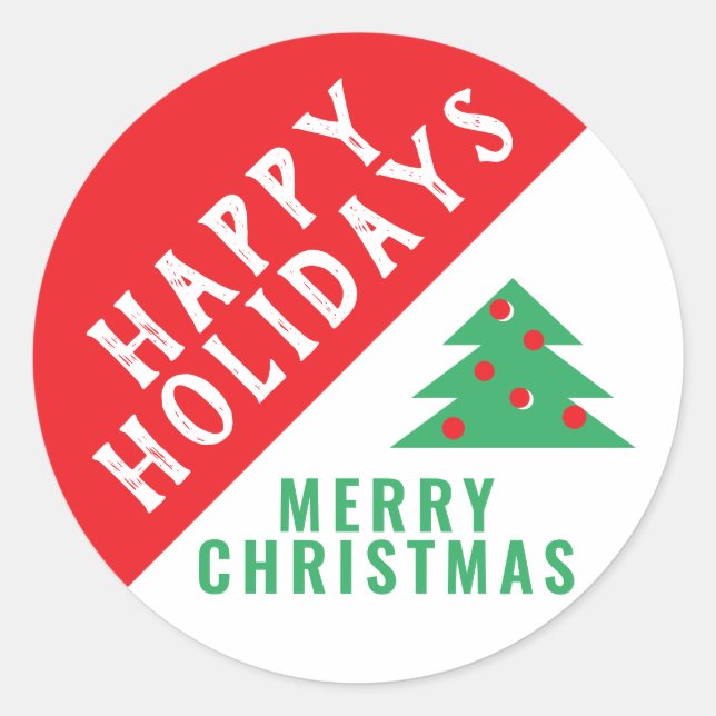 Fun Festive Red Green Merry Christmas Tree Holiday Classic Round Sticker (Front)