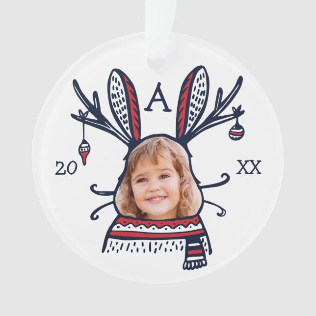 Fun Festive Red Plaid Winter Bunny Character Photo Ornament (Front)