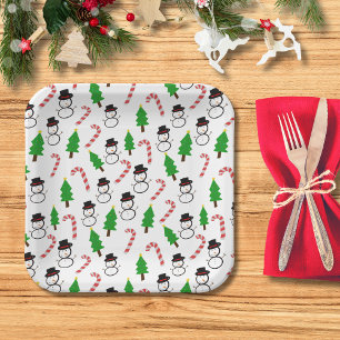 Fun Festive Snowman Candy Cane Tree Christmas Paper Plate