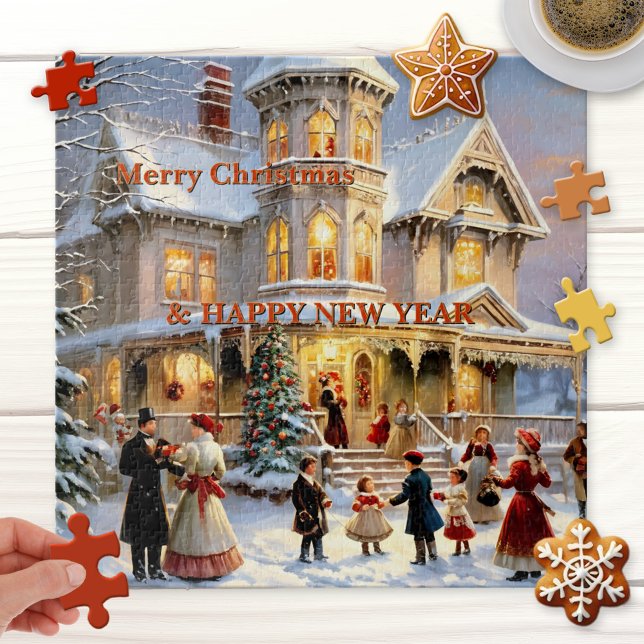 Fun Festive Vintage Christmas Puzzle (Puzzle featuring a fun vintage illustration of happy people around a festively lit Christmas tree )