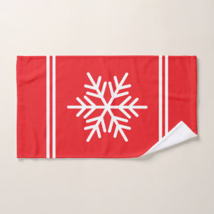 Fun Festive White Snowflakes Stripes On Bright Red Bath Towel Set