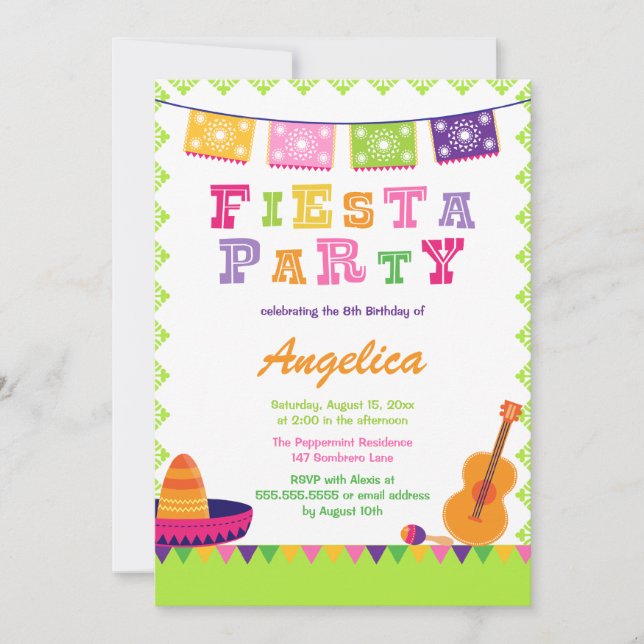 Fun fiesta party colourful birthday invitation (Front)