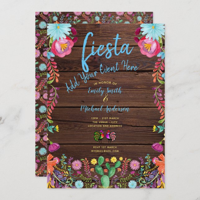 Fun Fiesta Watercolor Folk Flowers Couples Invite (Front/Back)