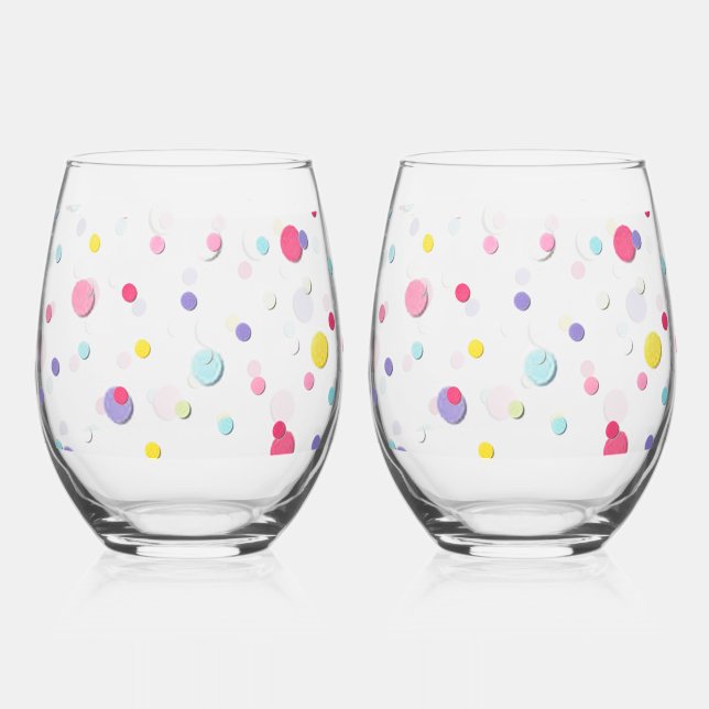 Fun Filled Colourful Polka Dot Print  Stemless Wine Glass (Front)