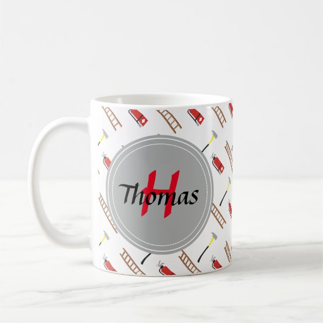 Fun Fireman pattern monogram add name mug (Left)