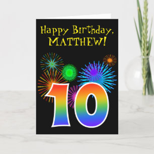 Fun Fireworks + Rainbow Pattern "10" Birthday # Card