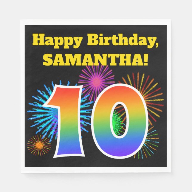 Fun Fireworks + Rainbow Pattern "10" Birthday # Napkin (Front)