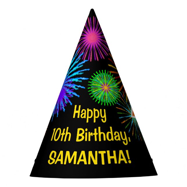 Fun Fireworks + Rainbow Pattern "10" Birthday # Party Hat (Front)