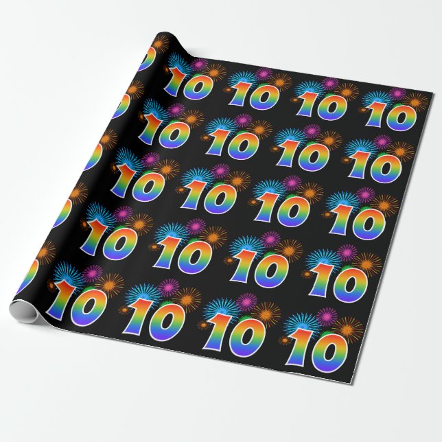 Fun Fireworks + Rainbow Pattern "10" Event Number Wrapping Paper (Unrolled)