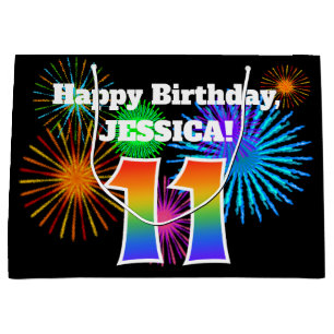 Fun Fireworks + Rainbow Pattern "11" Birthday # Large Gift Bag