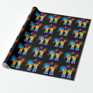 Fun Fireworks + Rainbow Pattern "11" Event Number Wrapping Paper