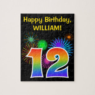 Fun Fireworks + Rainbow Pattern "12" Birthday # Jigsaw Puzzle