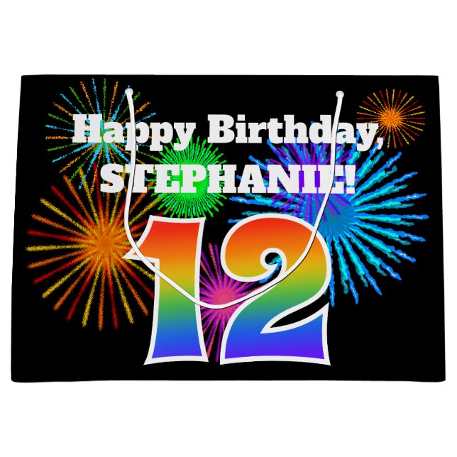 Fun Fireworks + Rainbow Pattern "12" Birthday # Large Gift Bag (Front)
