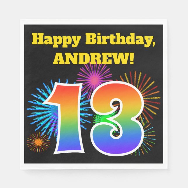 Fun Fireworks + Rainbow Pattern "13" Birthday # Napkin (Front)