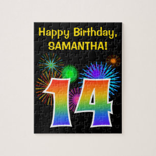 Fun Fireworks + Rainbow Pattern "14" Birthday # Jigsaw Puzzle