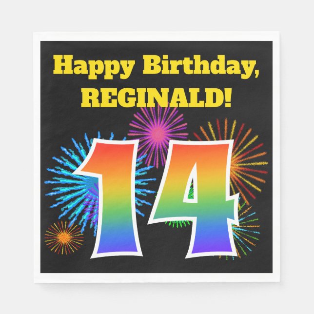 Fun Fireworks + Rainbow Pattern "14" Birthday # Napkin (Front)