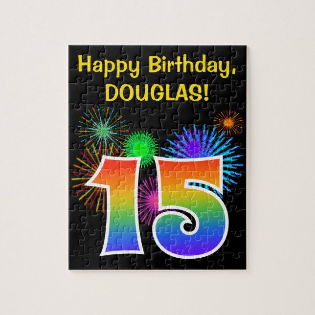 Fun Fireworks + Rainbow Pattern "15" Birthday # Jigsaw Puzzle (Vertical)