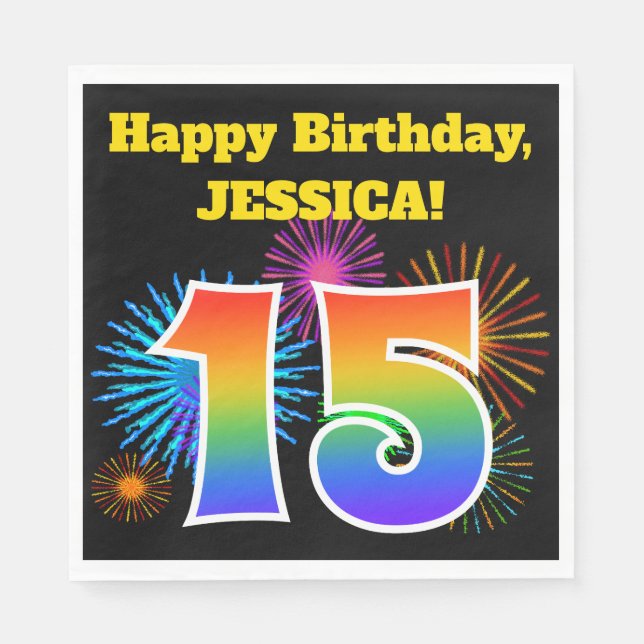 Fun Fireworks + Rainbow Pattern "15" Birthday # Napkin (Front)