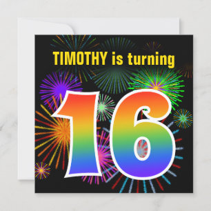 Fun Fireworks + Rainbow Pattern "16" Birthday # Invitation