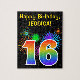 Fun Fireworks + Rainbow Pattern "16" Birthday # Jigsaw Puzzle