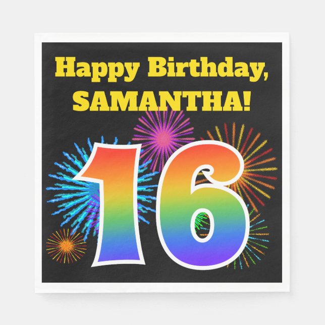 Fun Fireworks + Rainbow Pattern "16" Birthday # Napkin (Front)