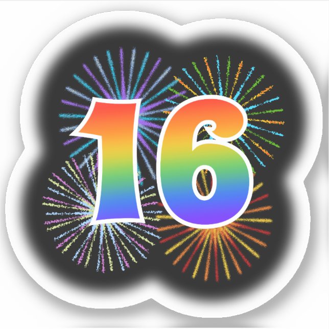 Fun Fireworks + Rainbow Pattern "16" Event # (Front)