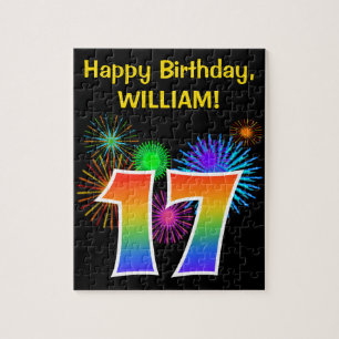 Fun Fireworks + Rainbow Pattern "17" Birthday # Jigsaw Puzzle