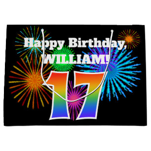 Fun Fireworks + Rainbow Pattern "17" Birthday # Large Gift Bag
