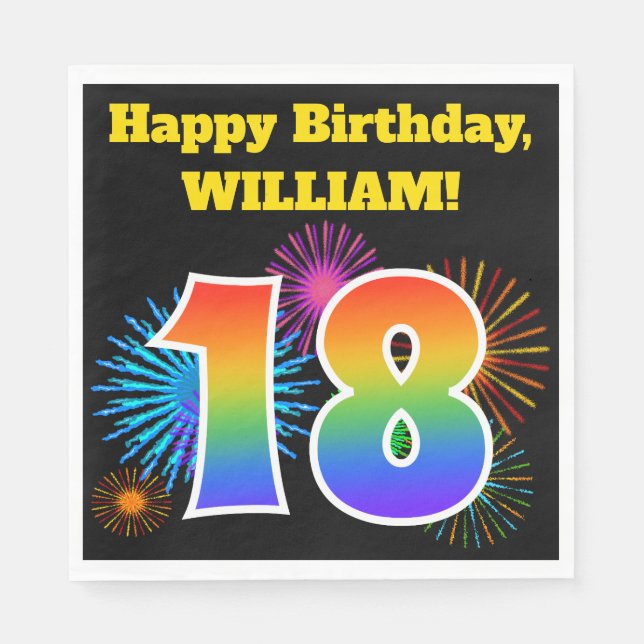 Fun Fireworks + Rainbow Pattern "18" Birthday # Napkin (Front)