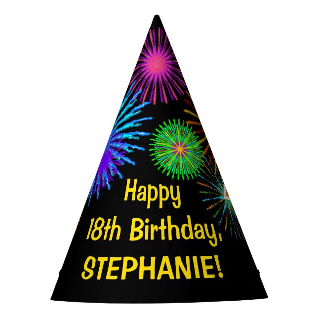 Fun Fireworks + Rainbow Pattern "18" Birthday # Party Hat (Front)