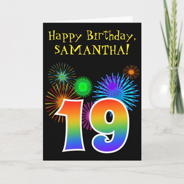 Fun Fireworks + Rainbow Pattern "19" Birthday # Card (Front)