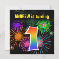Fun Fireworks + Rainbow Pattern "1" Birthday #