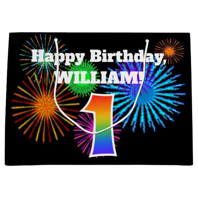 Fun Fireworks + Rainbow Pattern "1" Birthday # Large Gift Bag (Front)