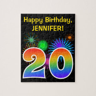 Fun Fireworks + Rainbow Pattern "20" Birthday # Jigsaw Puzzle