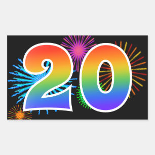 Fun Fireworks + Rainbow Pattern "20" Event Number Rectangular Sticker